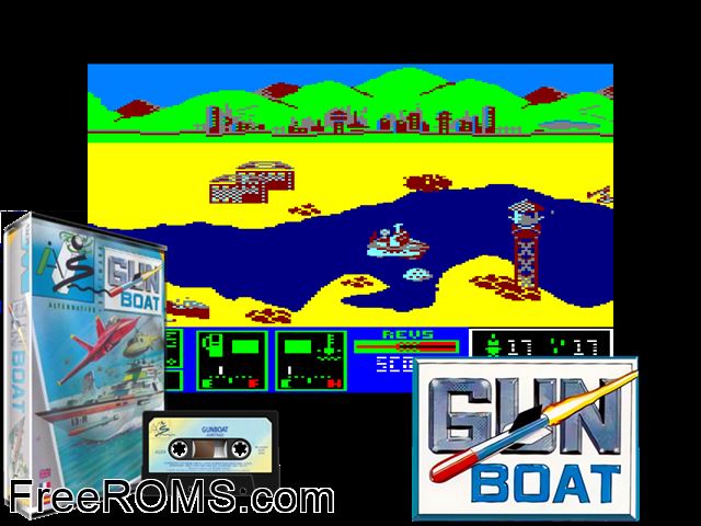 Gunboat (UK) (1987) Amstrad CPC game showing 3D box cover and gameplay screenshot