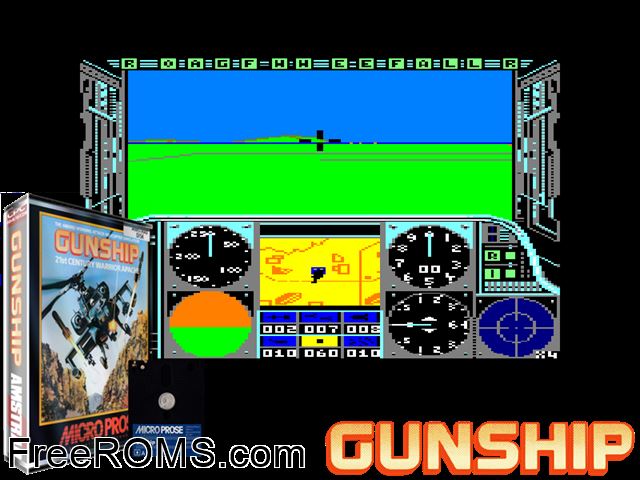 Gunship (UK) (1988) (Disk 2 of 2) Amstrad CPC game showing 3D box cover and gameplay screenshot