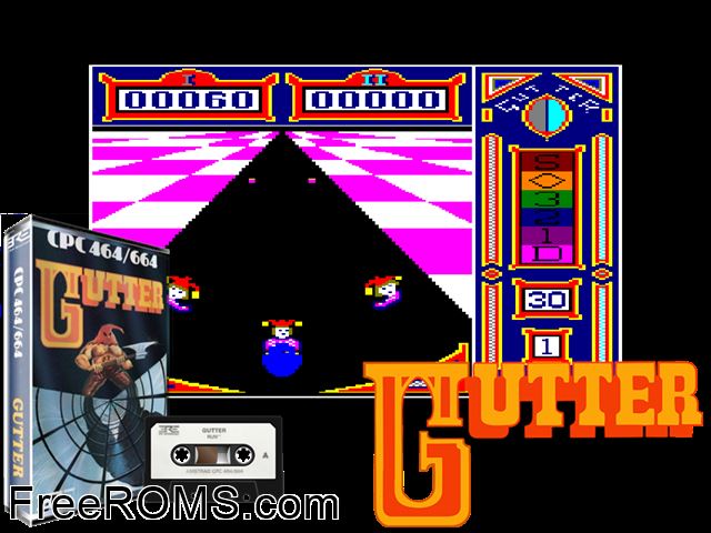 Gutter (F) (1985) Amstrad CPC game showing 3D box cover and gameplay screenshot