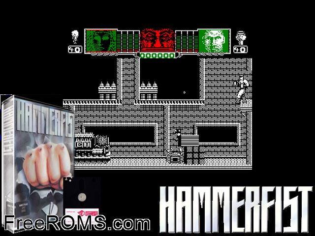 Hammerfist (UK) (1990) Amstrad CPC game showing 3D box cover and gameplay screenshot