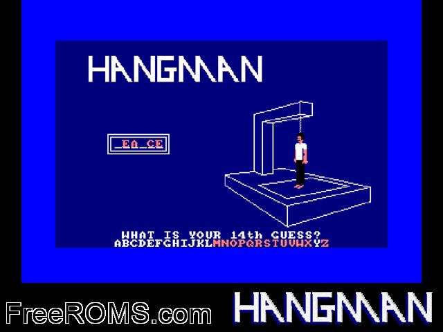 Hangman (UK) (19xx) Amstrad CPC game showing 3D box cover and gameplay screenshot
