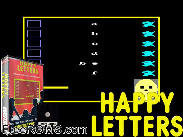 Happy Letters (UK) (1984) Amstrad CPC game showing 3D box cover and gameplay screenshot