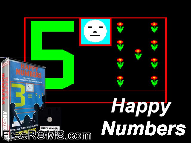 Happy Numbers (UK) (1984) Amstrad CPC game showing 3D box cover and gameplay screenshot