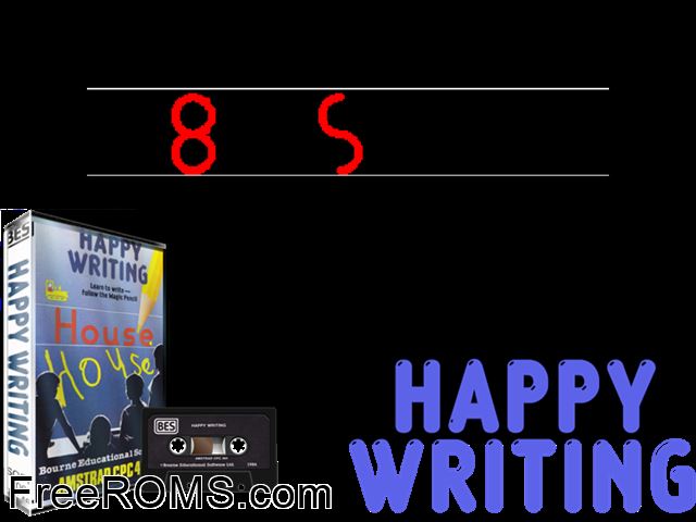 Happy Writing (UK) (1984) Amstrad CPC game showing 3D box cover and gameplay screenshot