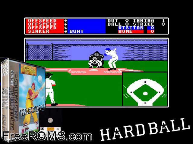 Hardball (UK) (1986) Amstrad CPC game showing 3D box cover and gameplay screenshot