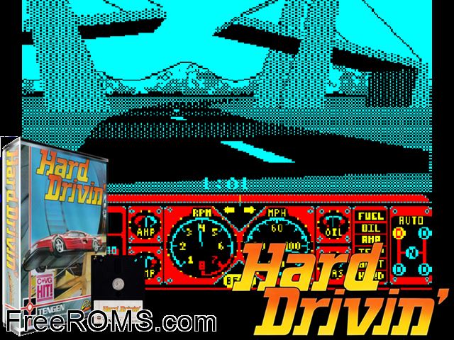 Hard Drivin' (UK) (1989) Amstrad CPC game showing 3D box cover and gameplay screenshot