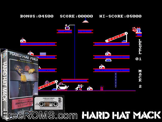 Hard Hat Mack (UK) (1983) Amstrad CPC game showing 3D box cover and gameplay screenshot