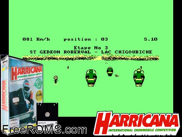 Harricana - Raid International Motoneige (F) (1990) Amstrad CPC game showing 3D box cover and gameplay screenshot
