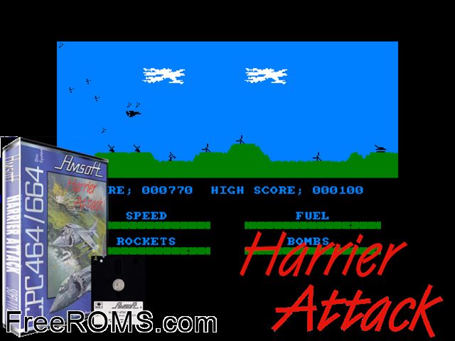 Harrier Attack (UK) (1984) Amstrad CPC game showing 3D box cover and gameplay screenshot