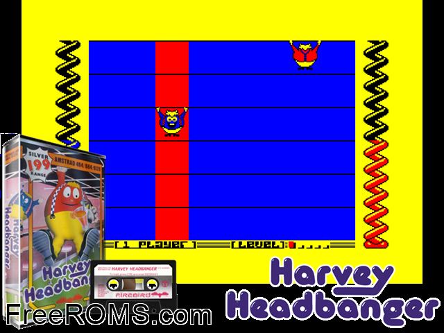 Harvey Headbanger (UK) (1986) Amstrad CPC game showing 3D box cover and gameplay screenshot
