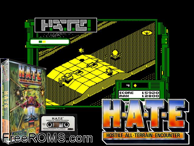 HATE - Hostile All Terrain Encounter (UK) (1989) Amstrad CPC game showing 3D box cover and gameplay screenshot