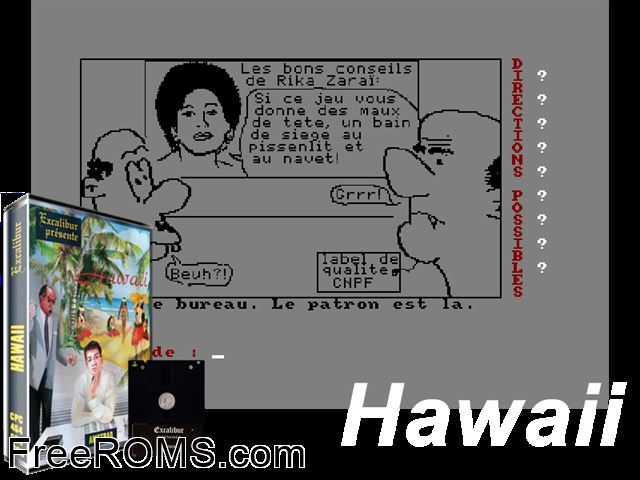 Hawaii (F) (1987) (Disk 2 of 2) Amstrad CPC game showing 3D box cover and gameplay screenshot