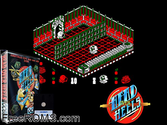 Head Over Heels (UK) (1987) Amstrad CPC game showing 3D box cover and gameplay screenshot