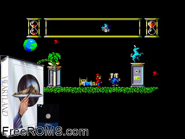 Heartland (UK) (1986) Amstrad CPC game showing 3D box cover and gameplay screenshot