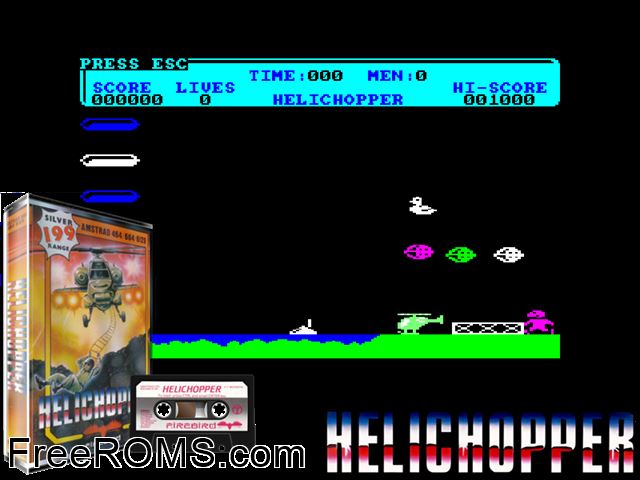 Helichopper (UK) (1986) Amstrad CPC game showing 3D box cover and gameplay screenshot