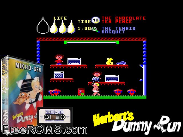 Herbert's Dummy Run (UK) (1986) Amstrad CPC game showing 3D box cover and gameplay screenshot