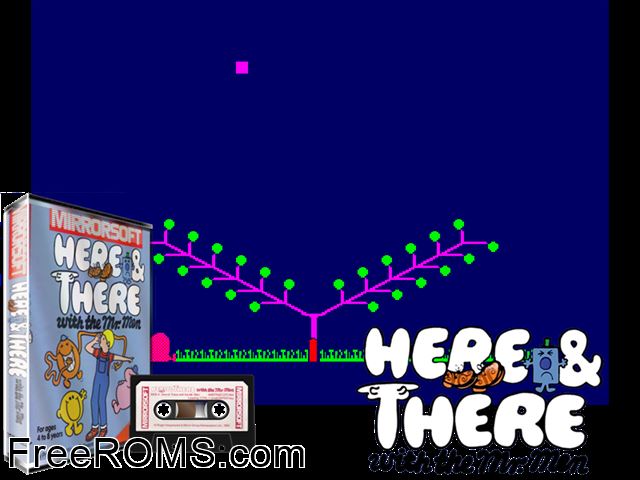 Here and There With The Mr. Men (UK) (1985) Amstrad CPC game showing 3D box cover and gameplay screenshot