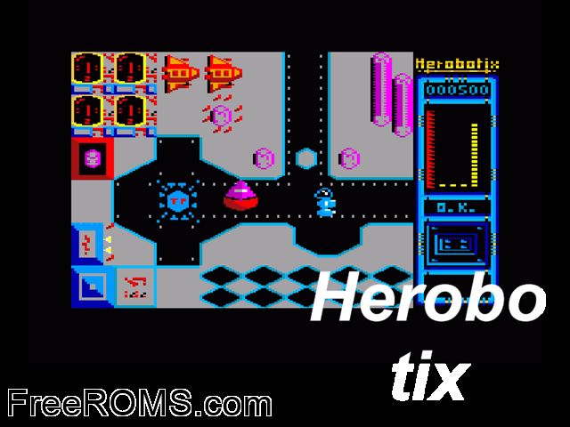 Herobotix (UK) (1986) Amstrad CPC game showing 3D box cover and gameplay screenshot