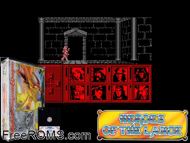 Heroes of the Lance (UK) (1988) (Disk 1 of 2) Amstrad CPC game showing 3D box cover and gameplay screenshot