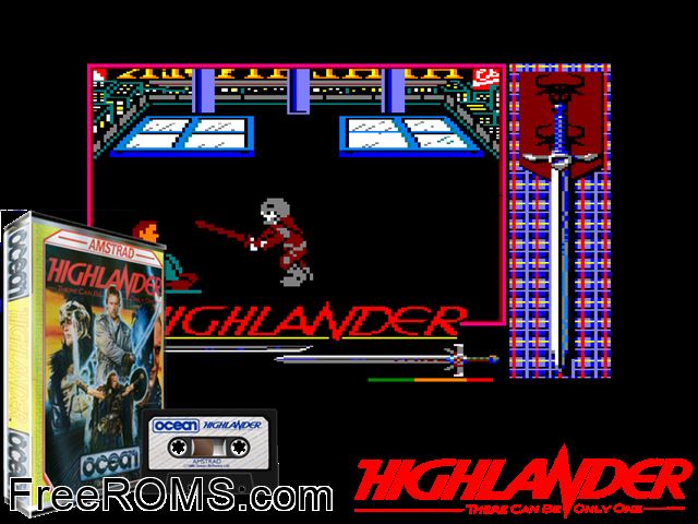 Highlander (UK) (1986) Amstrad CPC game showing 3D box cover and gameplay screenshot