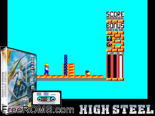 High Steel (UK) (1989) Amstrad CPC game showing 3D box cover and gameplay screenshot