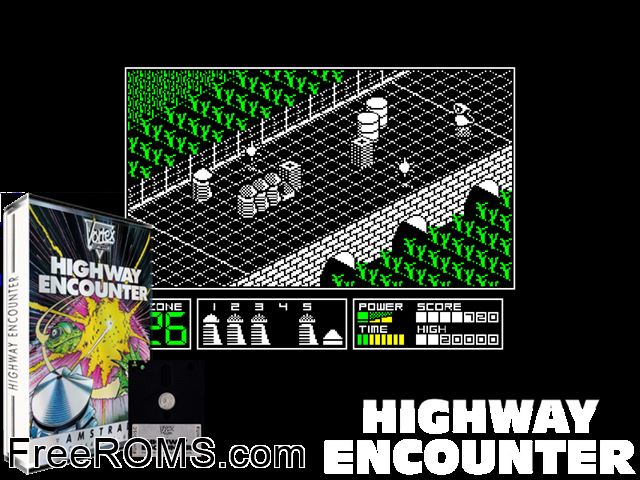 Highway Encounter (UK) (1985) Amstrad CPC game showing 3D box cover and gameplay screenshot