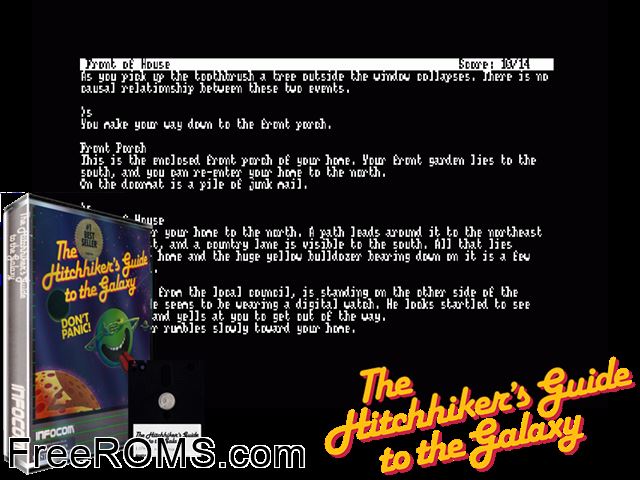 Hitchhiker's Guide to The Galaxy, The (UK) (1984) Amstrad CPC game showing 3D box cover and gameplay screenshot
