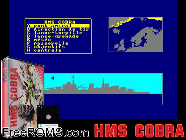 HMS Cobra (F) (1986) Amstrad CPC game showing 3D box cover and gameplay screenshot