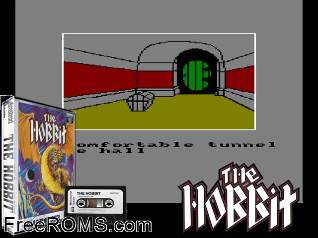Hobbit, The (UK) (1985) Amstrad CPC game showing 3D box cover and gameplay screenshot