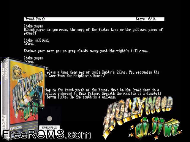 Hollywood Hijinx (UK) (1986) Amstrad CPC game showing 3D box cover and gameplay screenshot