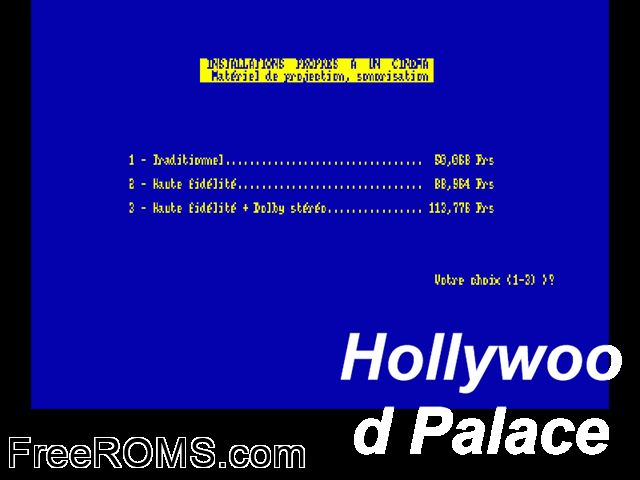 Hollywood Palace (F) (19xx) (PD) Amstrad CPC game showing 3D box cover and gameplay screenshot