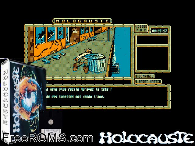 Holocauste (F) (1988) (Disk 2 of 2) Amstrad CPC game showing 3D box cover and gameplay screenshot
