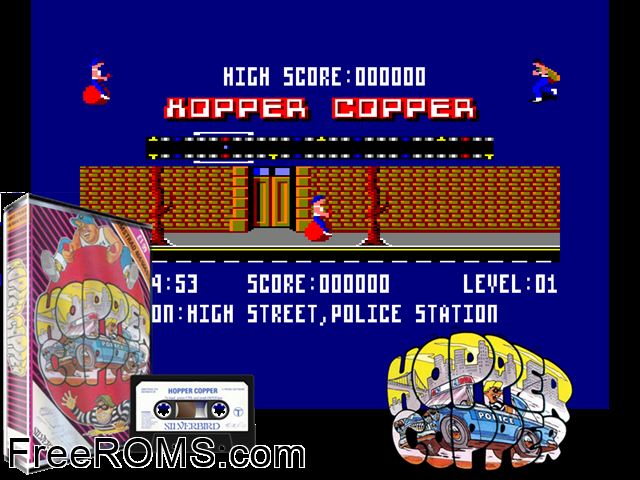 Hopper Copper (UK) (19xx) Amstrad CPC game showing 3D box cover and gameplay screenshot