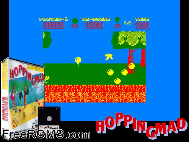 Hoppin' Mad (UK) (1988) Amstrad CPC game showing 3D box cover and gameplay screenshot