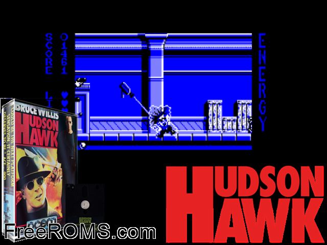 Hudson Hawk (UK) (1991) Amstrad CPC game showing 3D box cover and gameplay screenshot