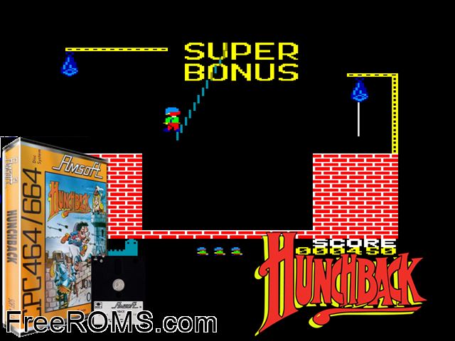 Hunchback (UK) (1986) Amstrad CPC game showing 3D box cover and gameplay screenshot
