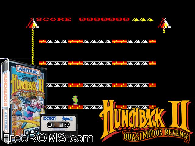 Hunchback II - Quasimodo's Revenge (UK) (1985) Amstrad CPC game showing 3D box cover and gameplay screenshot