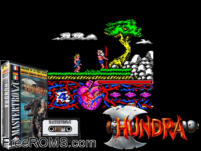 Hundra (S) (1987) Amstrad CPC game showing 3D box cover and gameplay screenshot