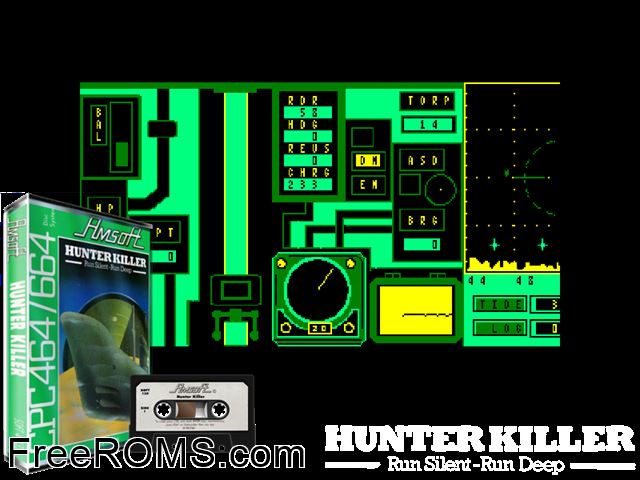 Hunter Killer (UK) (1984) Amstrad CPC game showing 3D box cover and gameplay screenshot