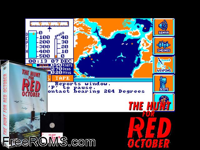 Hunt for Red October, The (UK) (1984) Amstrad CPC game showing 3D box cover and gameplay screenshot