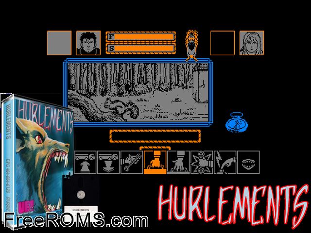 Hurtements (F) (1988) (Disk 1 of 2) Amstrad CPC game showing 3D box cover and gameplay screenshot
