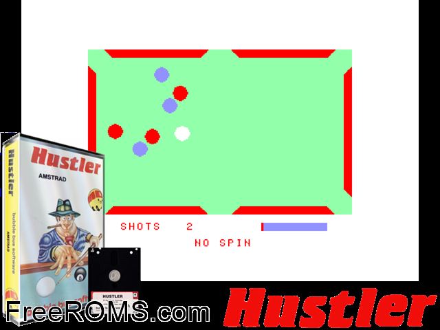 Hustler (UK) (1985) Amstrad CPC game showing 3D box cover and gameplay screenshot