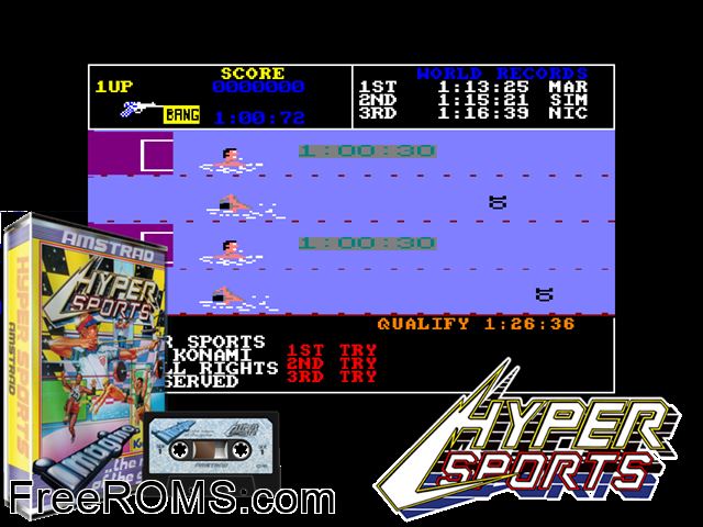 Hyper Sports (UK) (1986) Amstrad CPC game showing 3D box cover and gameplay screenshot