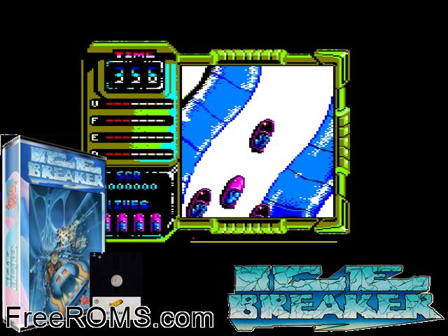Ice Breaker (S) (1990) Amstrad CPC game showing 3D box cover and gameplay screenshot