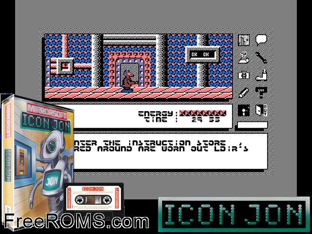 Icon Jon (UK) (1986) Amstrad CPC game showing 3D box cover and gameplay screenshot