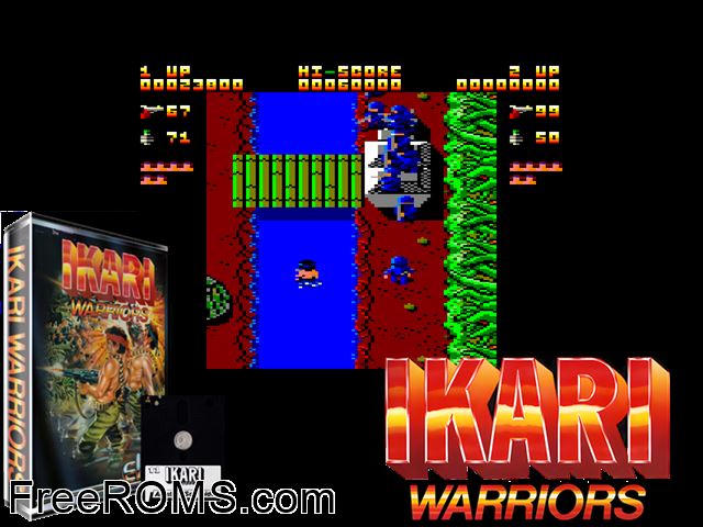 Ikari Warriors (UK) (1986) Amstrad CPC game showing 3D box cover and gameplay screenshot