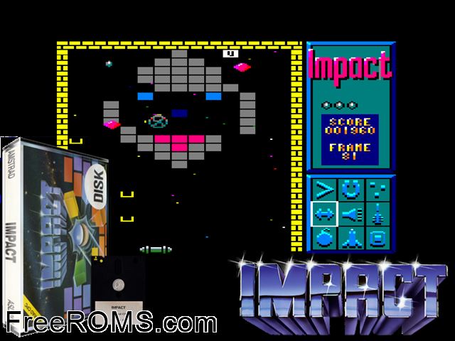 Impact (S) (1988) Amstrad CPC game showing 3D box cover and gameplay screenshot