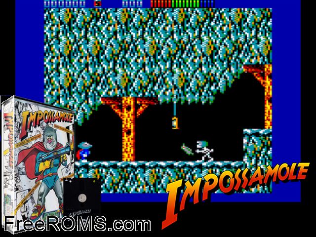 Impossamole (UK) (1990) Amstrad CPC game showing 3D box cover and gameplay screenshot