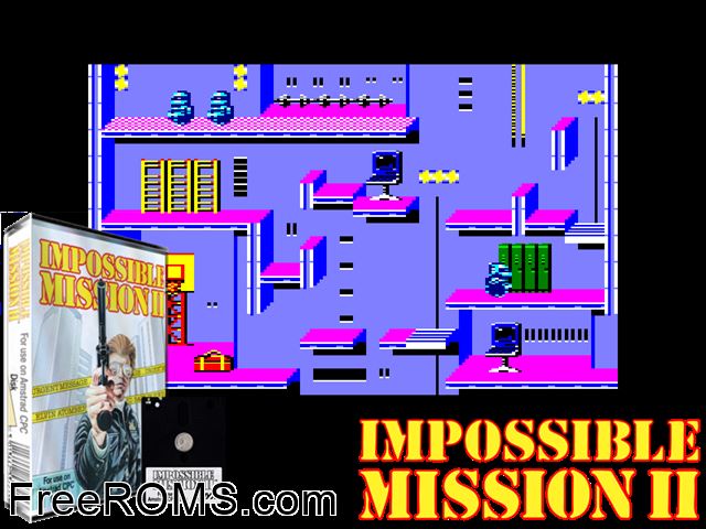 Impossible Mission 2 (UK) (1988) Amstrad CPC game showing 3D box cover and gameplay screenshot