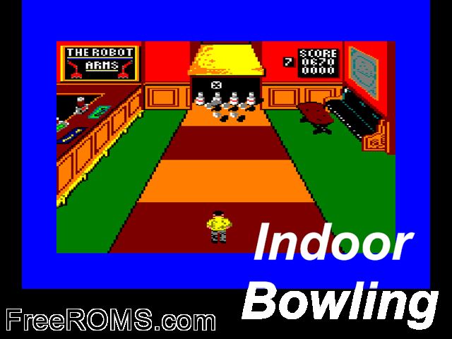 Indoor Bowling (UK) (19xx) Amstrad CPC game showing 3D box cover and gameplay screenshot